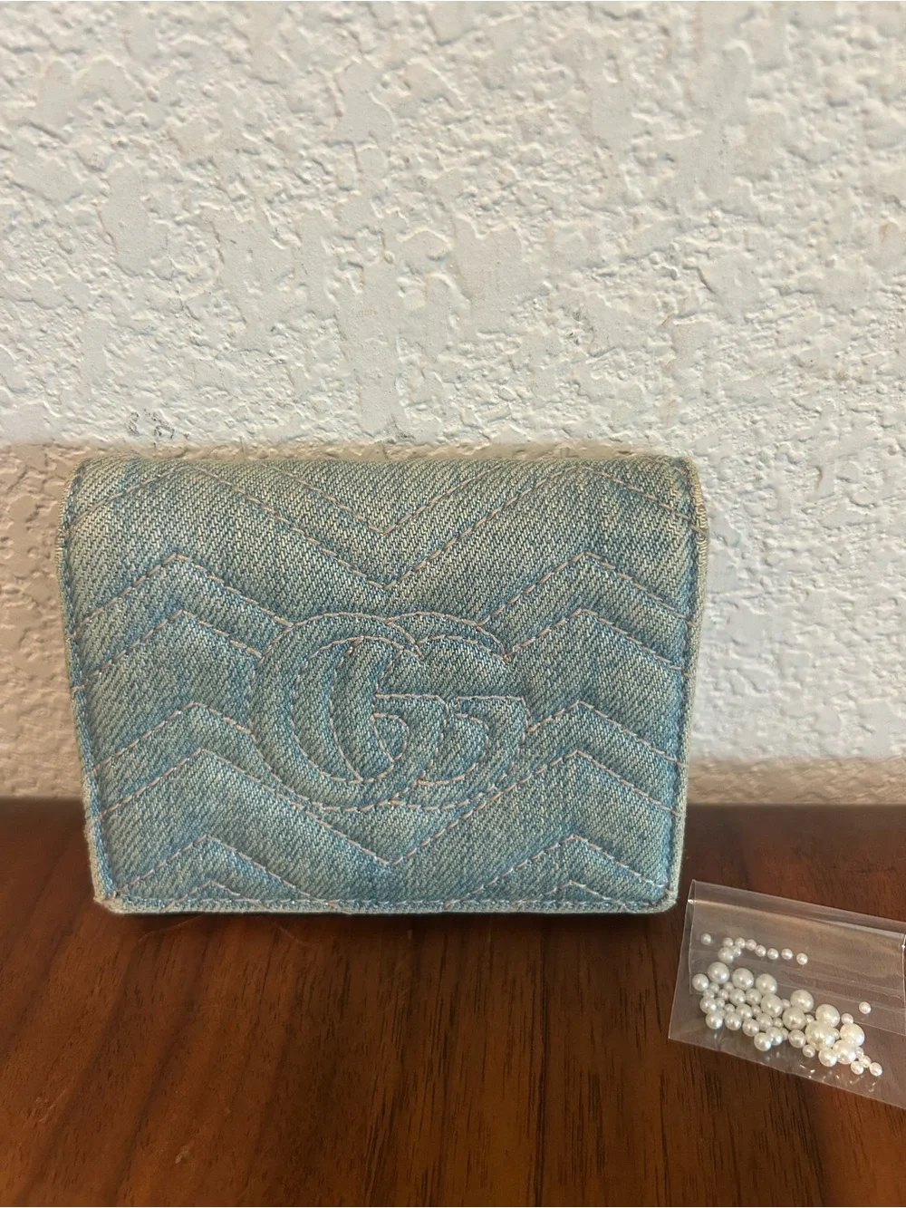 Gucci Denim Wallet with Pearl Double G - Light Blue